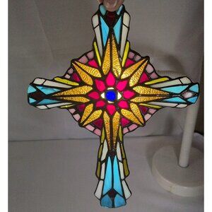 Ray of Hope Franklin Mint Stained Glass Cross 11" Suncatcher Blue Red Yellow Vtg